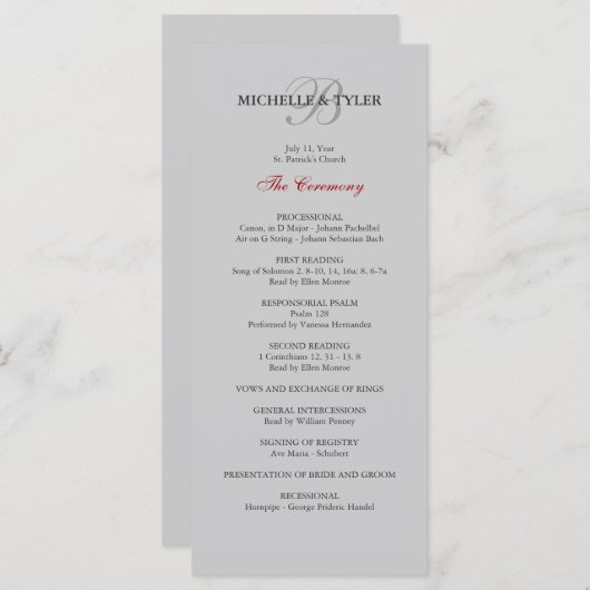 Zilver & Rood Monogram Trouwprogramma Programmakaart (Voorkant / Achterkant)