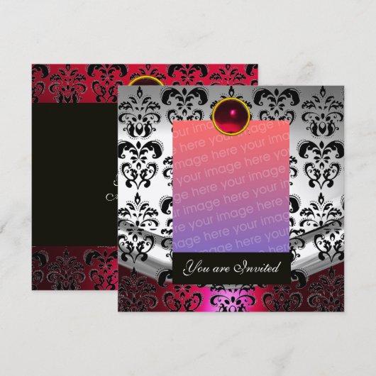 ZILVER ROOD, ZWARTE DAMAST FOTO SJABLOON MONOGRAM KAART (Voorkant / Achterkant)