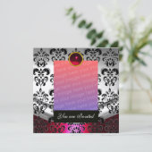 ZILVER ROOD, ZWARTE DAMAST FOTO SJABLOON MONOGRAM KAART (Staand voorkant)