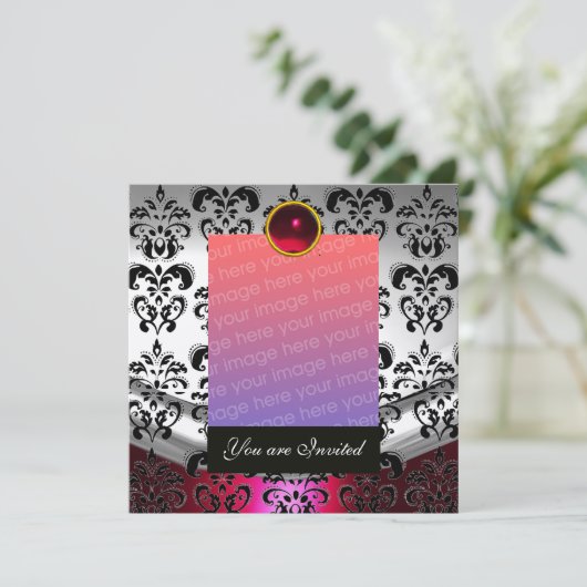 ZILVER ROOD, ZWARTE DAMAST FOTO SJABLOON MONOGRAM KAART (Staand voorkant)