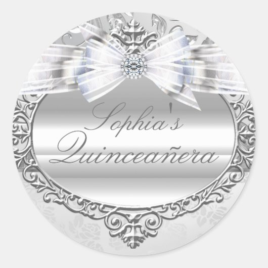 Zilver Roos & Bow Quinceanera Sticker (Voorkant)