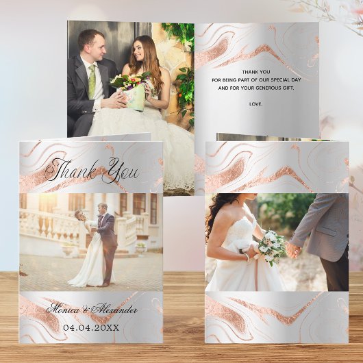 Zilver roos goud 3 foto's bruiloft bedankje kaart