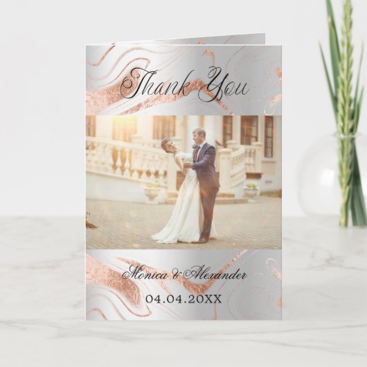 Zilver roos goud 3 foto's bruiloft bedankje kaart (Voorkant)