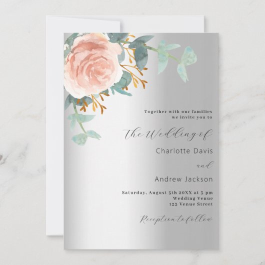 Zilver roos gouden bloemengroen bruiloft kaart (Voorkant)