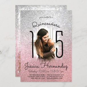 Zilver Roos Gouden Glitter Ombre Foto Quinceañera Kaart