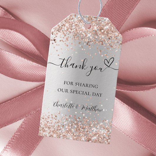 Zilver roos gouden hart dank u bruiloft cadeaulabel