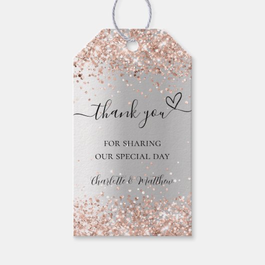 Zilver roos gouden hart dank u bruiloft cadeaulabel (Voorkant)