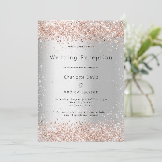 Zilver roos gouden luxe bruiloft receptie kaart (Staand voorkant)