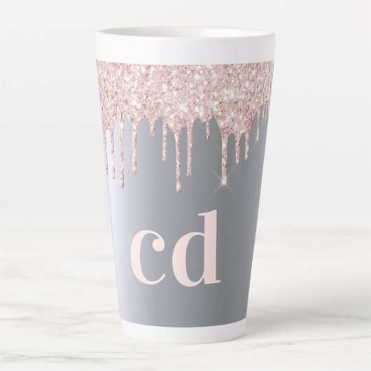 Zilver roos goudglitter druppelt monogram initiale latte mok (Voorkant)