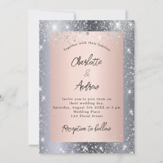 Zilver roos goudsparken elegante luxueuze bruiloft kaart (Voorkant)