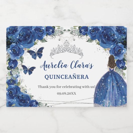 Zilver Royal Blauw Bloemige Quinceañera Verjaarda Sparkling Wijnetiket (Enkel label)