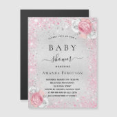 Zilver roze bloemen baby shower uitnodiging magnee magnetische uitnodiging (Voorkant / Achterkant)