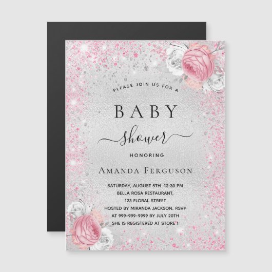 Zilver roze bloemen baby shower uitnodiging magnee magnetische uitnodiging (Voorkant / Achterkant)