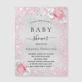 Zilver roze bloemen baby shower uitnodiging magnee magnetische uitnodiging (Voorkant)