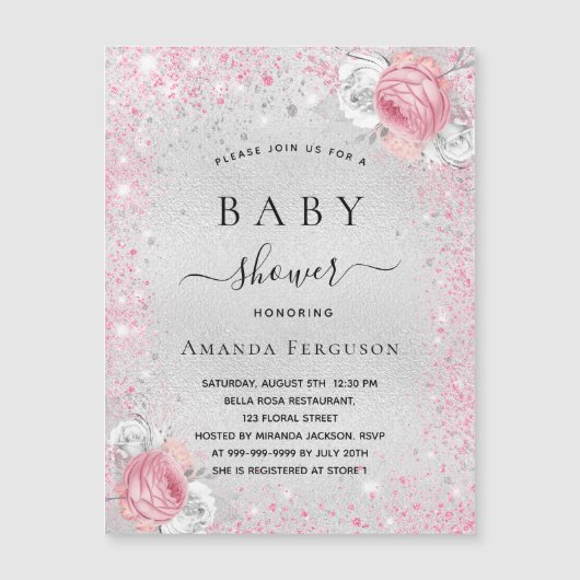 Zilver roze bloemen baby shower uitnodiging magnee magnetische uitnodiging (Voorkant)