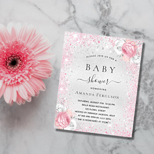 Zilver roze bloemen baby shower uitnodiging magnee magnetische uitnodiging