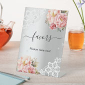 Zilver roze bloemen kant gast gunst teken reclamebord met voetstuk (Insitu)
