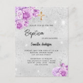 Zilver roze bloemen meisje Doop Uitnodiging Briefkaart (Voorkant)