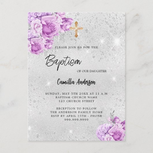 Zilver roze bloemen meisje Doop Uitnodiging Briefkaart (Voorkant)