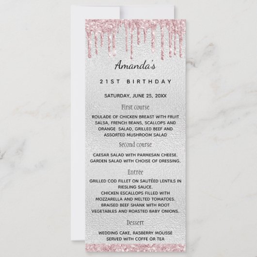 Zilver roze bloemen verjaardag leuke feiten menuka kaart (Voorkant)