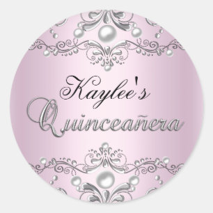 Zilver & Roze Damast Parel Quinceanera Sticker