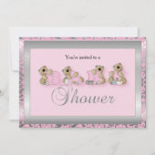 Zilver & Roze Damast Teddy Bears | Baby Shower Kaart (Voorkant)