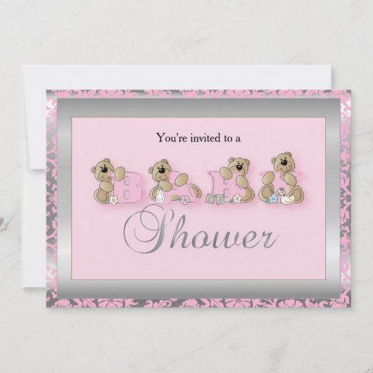 Zilver & Roze Damast Teddy Bears | Baby Shower Kaart (Voorkant)