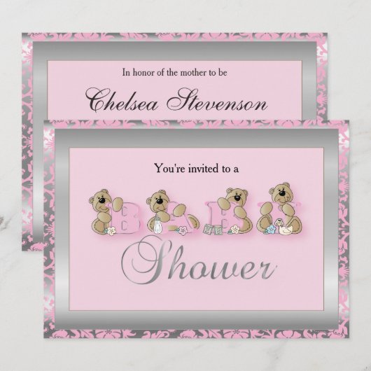 Zilver & Roze Damast Teddy Bears | Baby Shower Kaart (Voorkant / Achterkant)