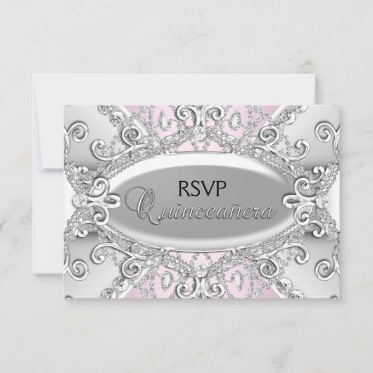 Zilver & Roze Diamant Damask Quinceanera RSVP (Voorkant)