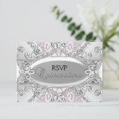 Zilver & Roze Diamant Damask Quinceanera RSVP (Staand voorkant)