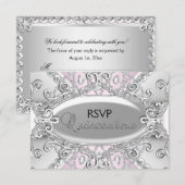 Zilver & Roze Diamant Damask Quinceanera RSVP (Voorkant / Achterkant)