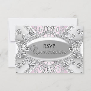 Zilver & Roze Diamant Damast Quinceanera RSVP Kaartje