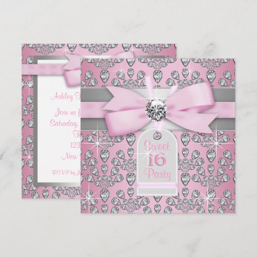 Zilver Roze Diamant Roze & Grijs Sweet 16 Verjaard Kaart (Voorkant / Achterkant)