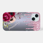 Zilver roze druipende bloem naam script iPhone 15 case (Achterkant horizontaal)