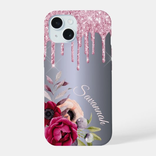Zilver roze druipende bloem naam script iPhone 15 case (Achterkant)