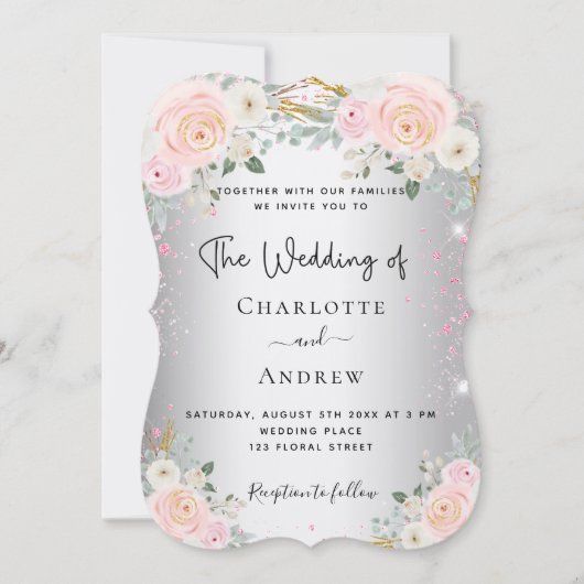 Zilver roze, elegante luxueuze bruiloft kaart (Voorkant)