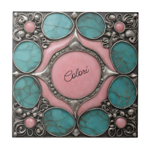 Zilver Roze en turquoise stenen kunst Tegeltje
