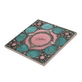 Zilver Roze en turquoise stenen kunst Tegeltje (Zijkant)