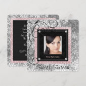 Zilver Roze en Zwart Damask Sweet 16 Kaart (Voorkant / Achterkant)