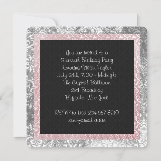 Zilver Roze en Zwart Damask Sweet 16 Kaart (Achterkant)