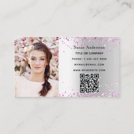 Zilver roze foto QR code schoonheidssalon Visitekaartje (Achterkant)