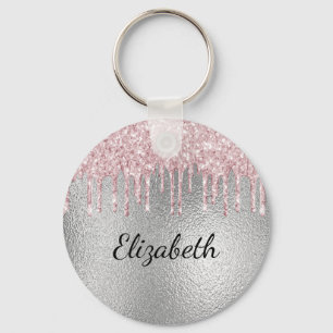 Zilver roze glitter druppelt monogram naam sleutelhanger