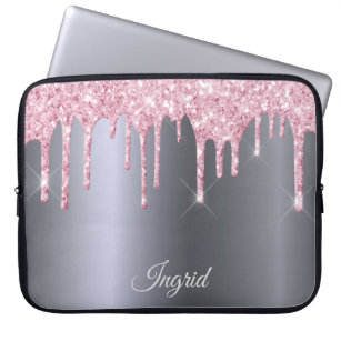 Zilver roze glitter druppelt naamscript af laptop sleeve