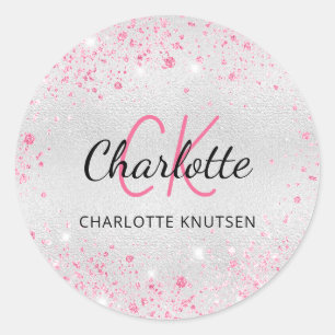 Zilver roze glitter initiaal monogram stofmonogram ronde sticker