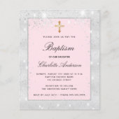 Zilver roze glitters doop uitnodiging voor meisje (Voorkant)