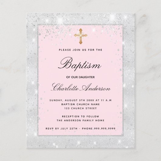 Zilver roze glitters doop uitnodiging voor meisje (Voorkant)