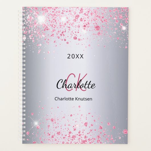 Zilver roze glitters naam monogram 2023 planner (Voorkant)