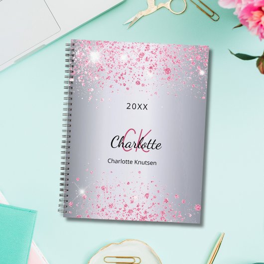 Zilver roze glitters naam monogram 2023 planner