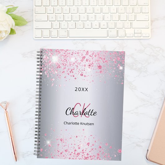 Zilver roze glitters naam monogram 2023 planner
