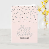 Zilver & Roze Happy Birthday Custom Naam Groet Kaart (Gele Bloem)